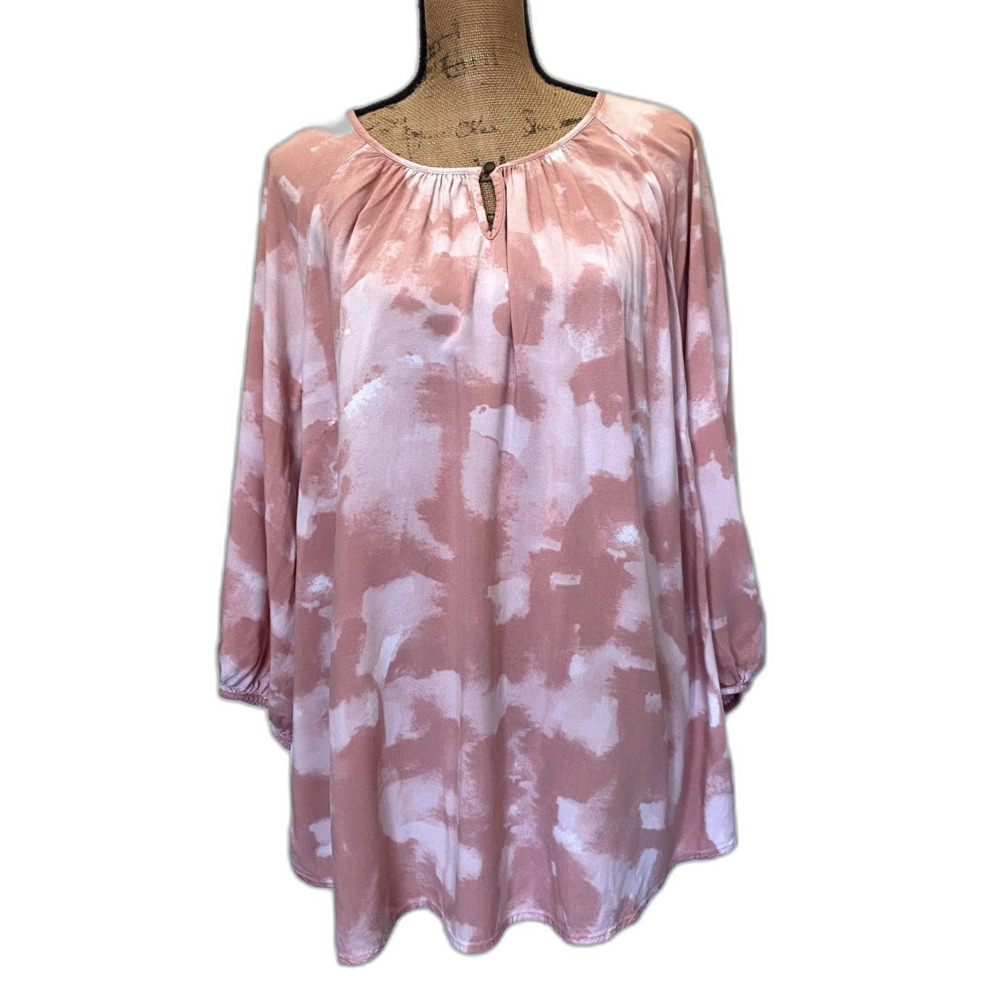 Evri Tie Dye Peasant Blouse Pink Spring Bohemian Long Sleeve Plus Size 2X‎